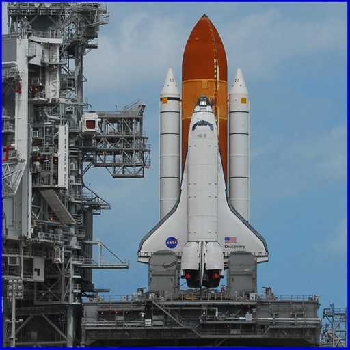 The Space Shuttle on its launch pad.