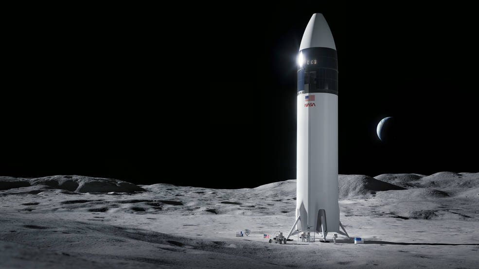 Artist’s depiction of SpaceX starship lunar lander on the Moon.