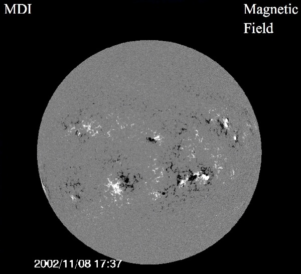 A magnetogram, showing the Sun’s magnetic intensity. The image shows the polarity of the sunspots—white for positive and black for negative.