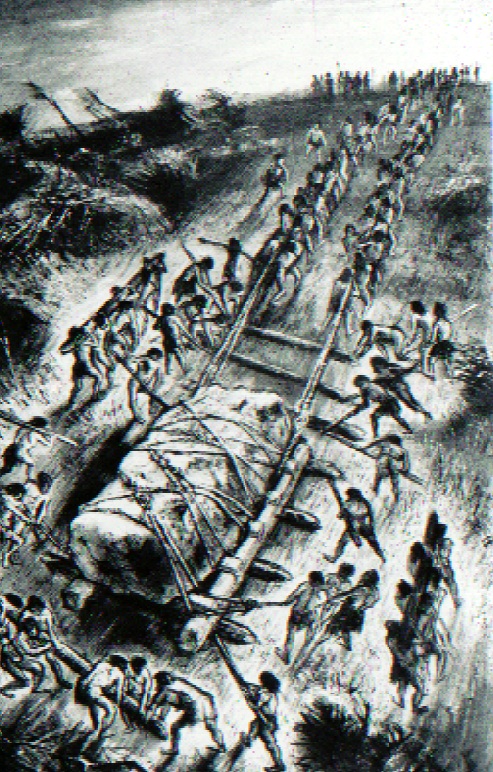 Sketch showing a hypothetical method of transporting a large stone. The drawing features a group of people using ropes and sledges to move the stone across the landscape. The terrain is depicted as hilly and uneven, with trees in the background.
