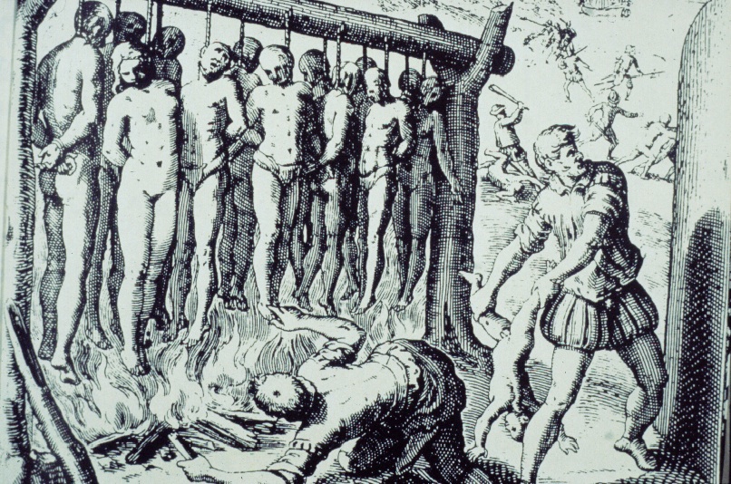 Brutality, drawing by Spanish priest, Bartolomé de Las Casas. It is based on what he saw on Hispaniola, the large island where Columbus built the first Spanish colony.
