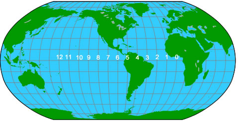 Modern World Map with hours marked on equator