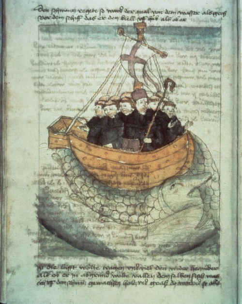 Image of an ancient Irish saga, the “Voyage of Saint Brendan, in which the Abbot,” describes a journey, by ship, made to a place called “The Land Promised to the Saints.”