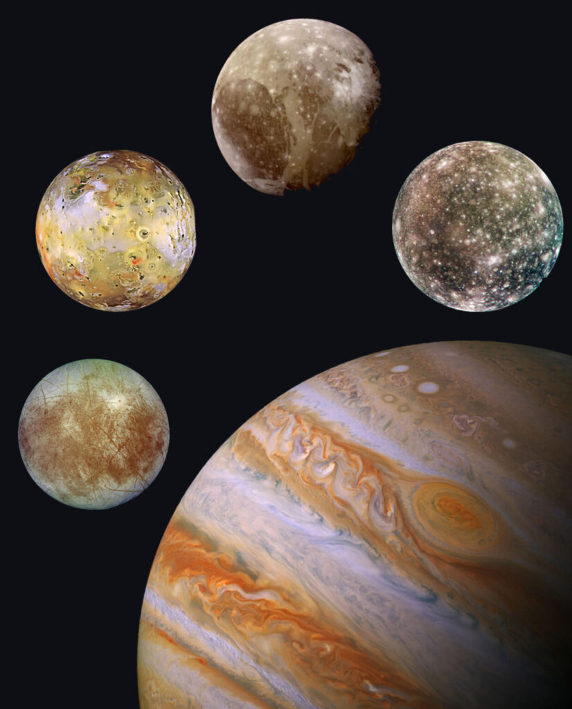 Collage of Jupiter with four moons, courtesy of NASA/JPL